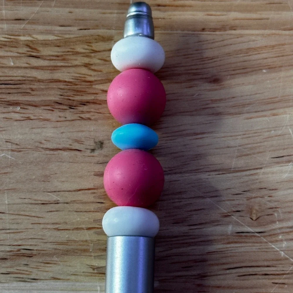 Silver Beaded Ballpoint Pen Pink Blue White Silicone Beads Handmade Stationery